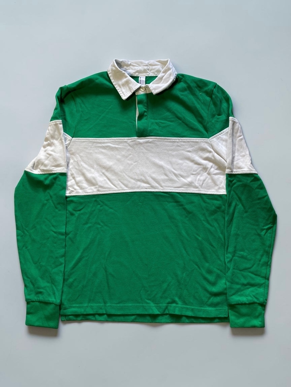American Apparel Long Sleeve Colorblock Rugby Polo Shirt Green White XS